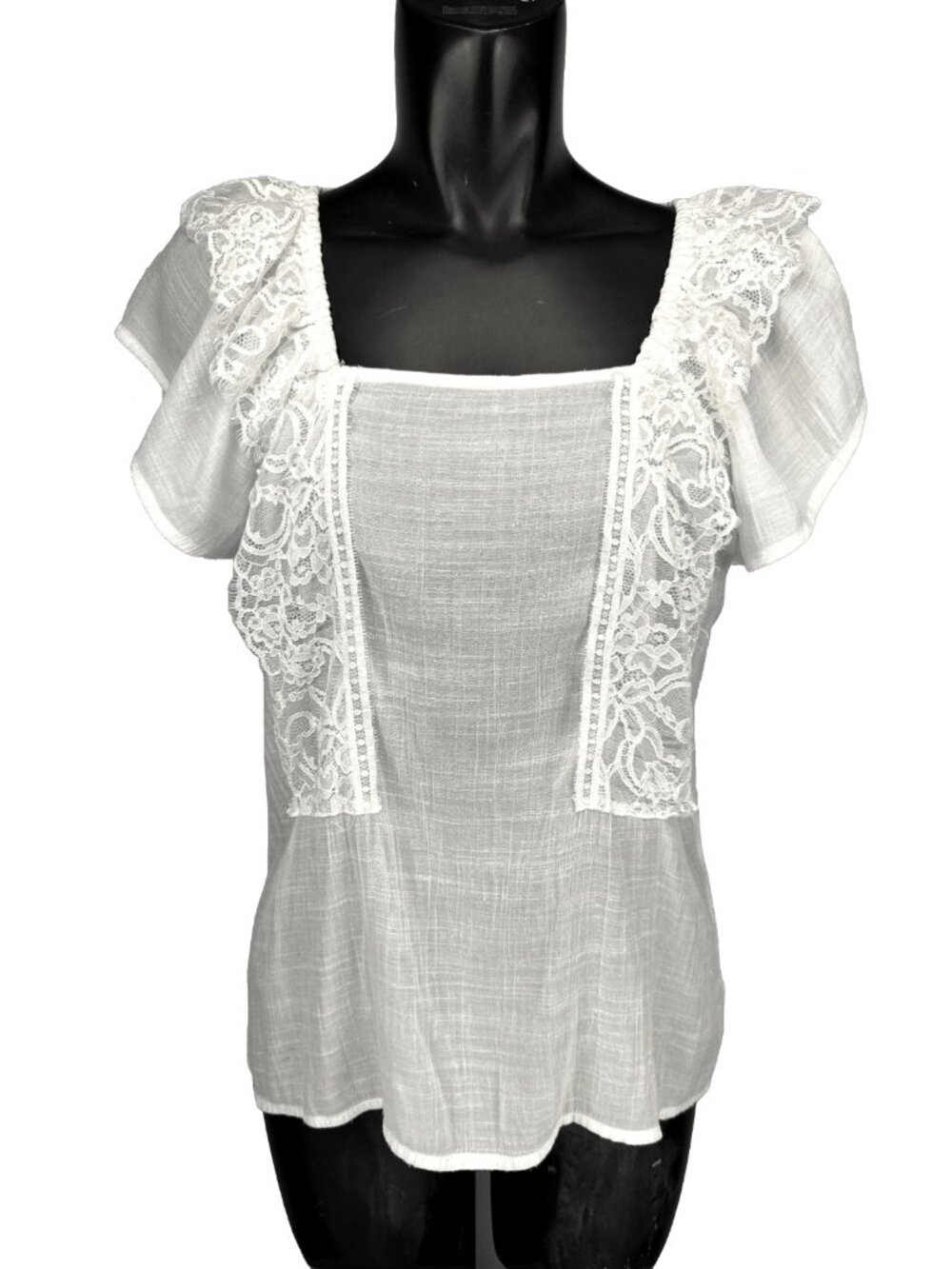 HARVÉ BENARD Victorian Lace Semi-Sheer Short Sleeve White Blouse Sz L
